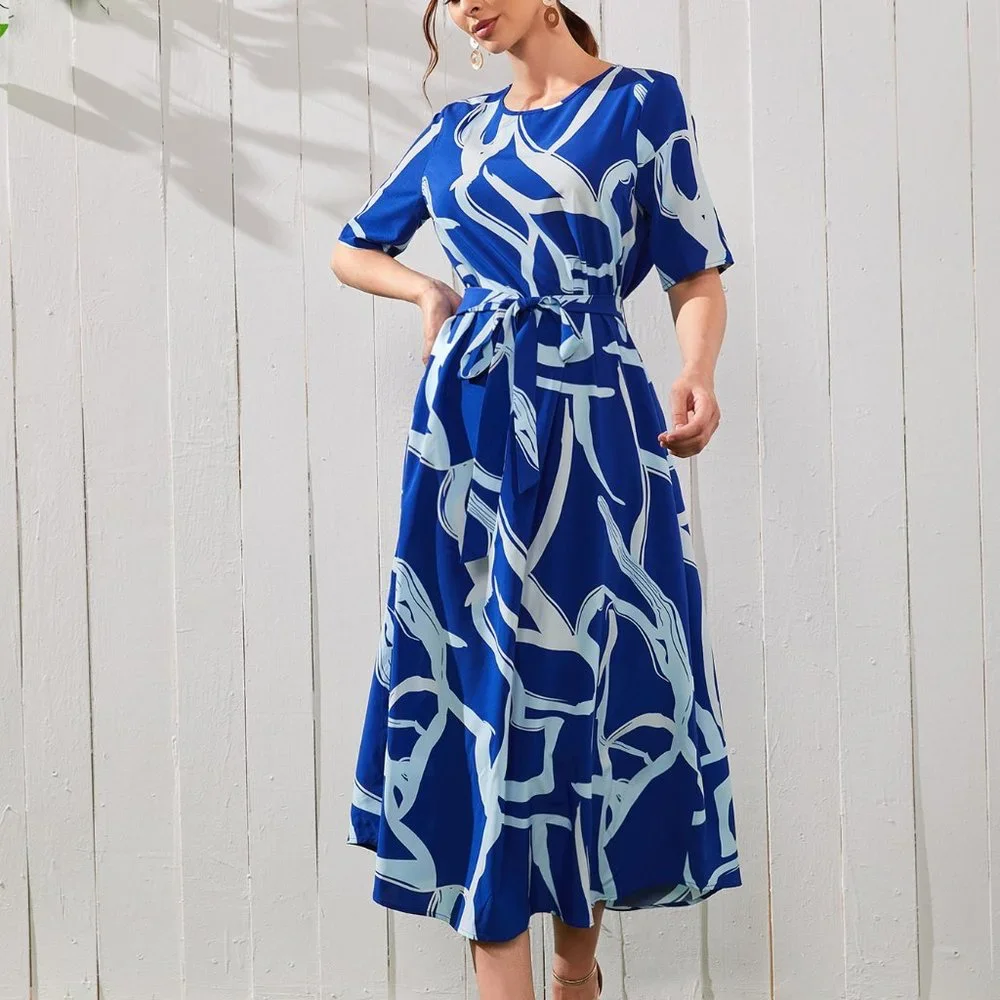 New Allover Print Belted Dress Blue